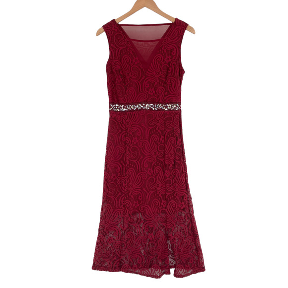 En Focus Studio Sheath Dress Womens 8 Red Floral Lace Overlay Beaded Sleeveless - Picture 1 of 16